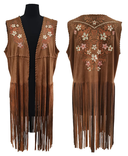 Girl's Fringe Floral Embroidered Whipstitch Faux-Suede Vest