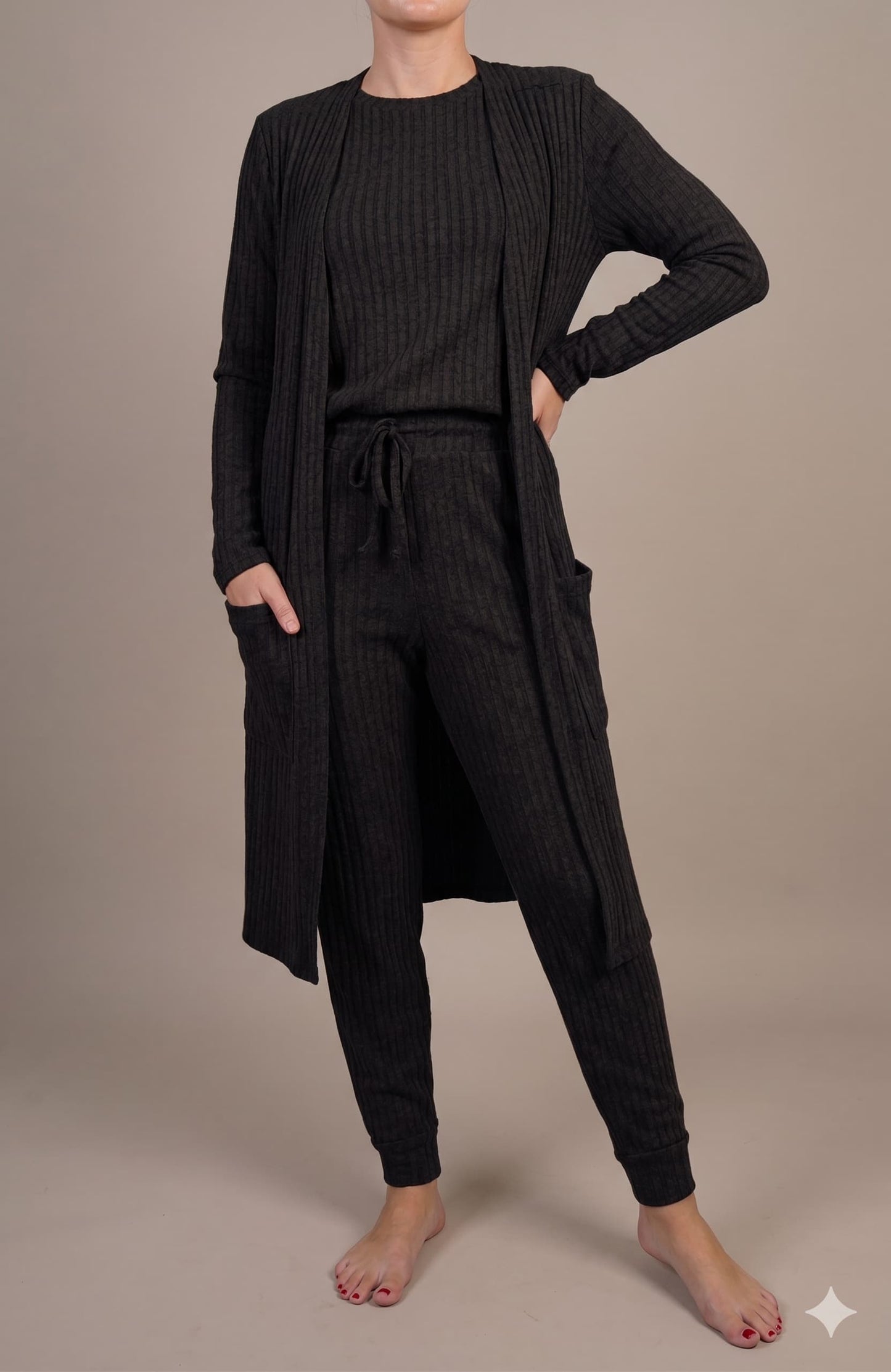 Ribbed 3 Piece Lounge Set (Cardigan + Pullover + Jogger)