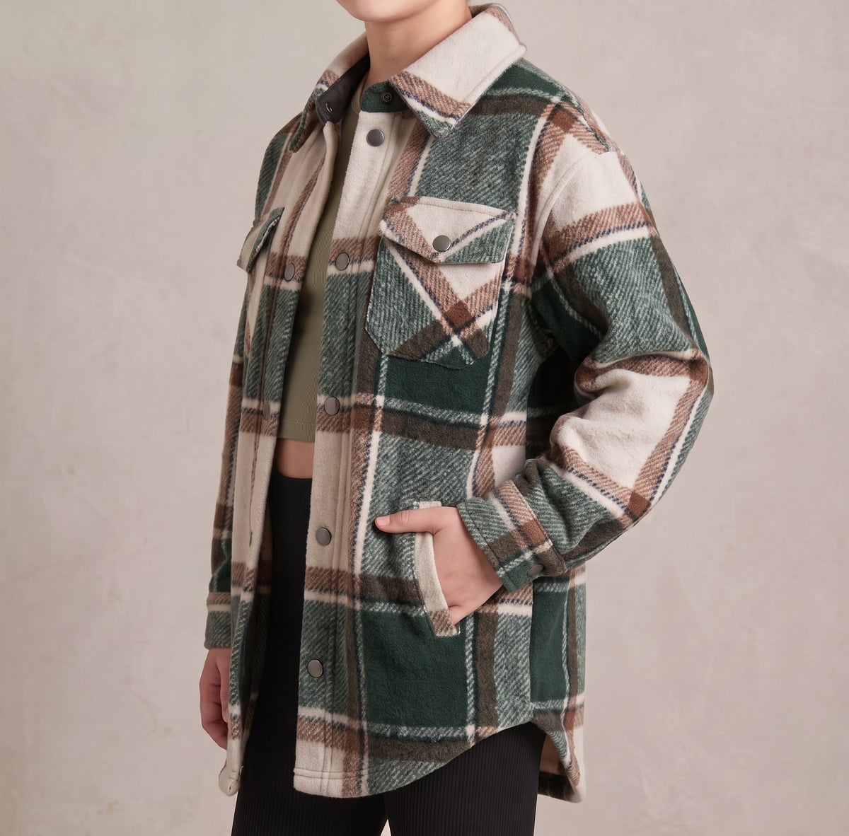 Girls Green Plaid Shacket