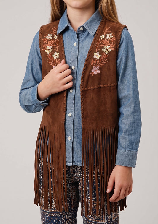 Girl's Fringe Floral Embroidered Whipstitch Faux-Suede Vest