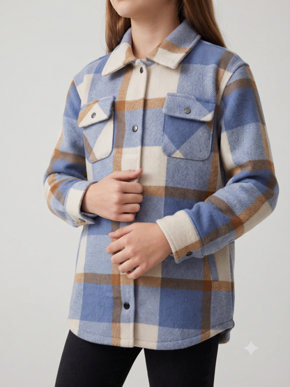 Kid's Shacket Blue Camel Plaid