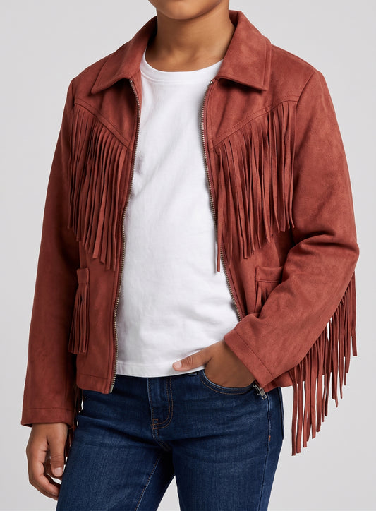 Girls Fringe Moto Jacket Rust