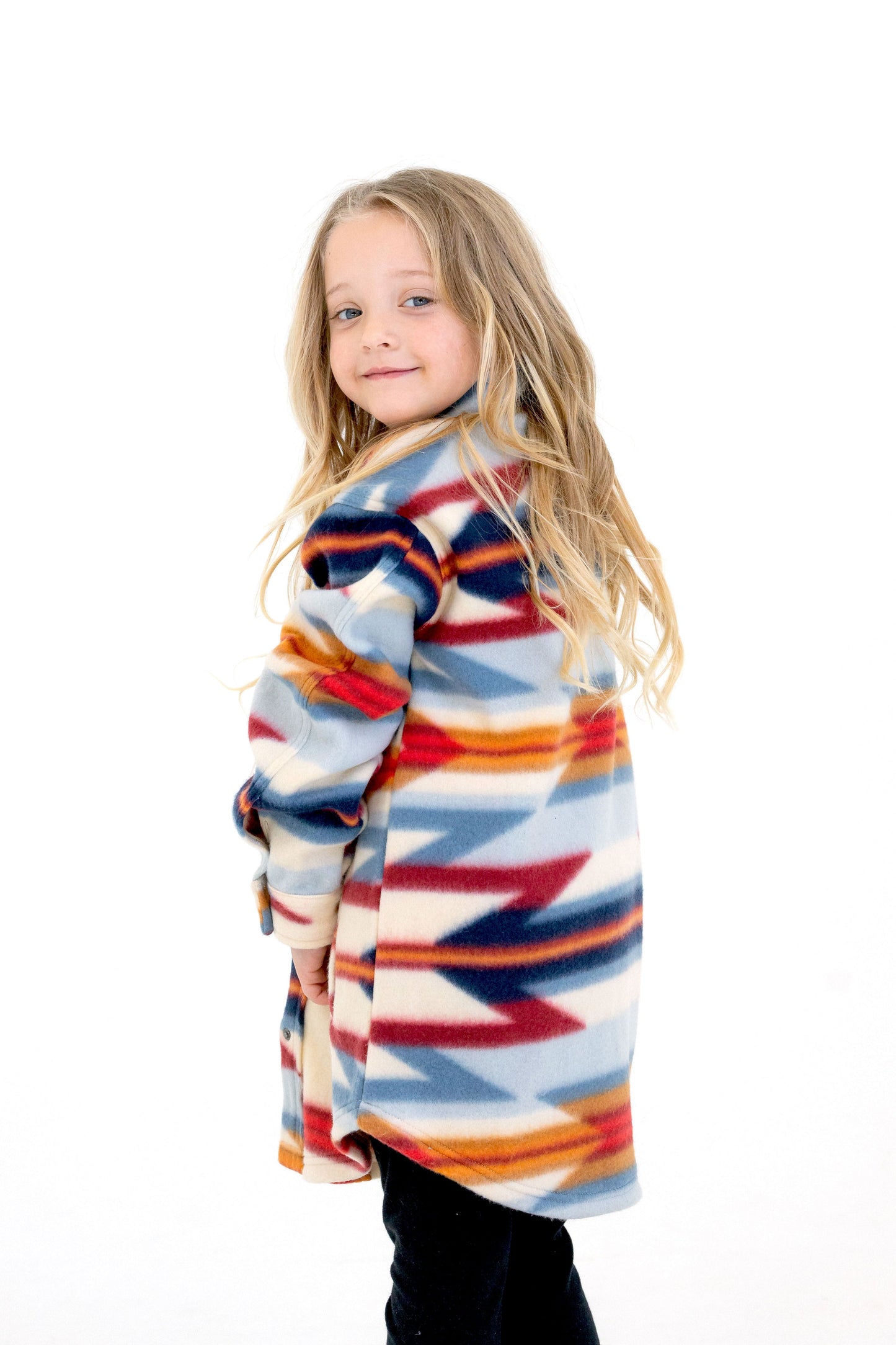 Girls and Toddlers Red Tribal Polar Fleece Shacket with Functional Pockets